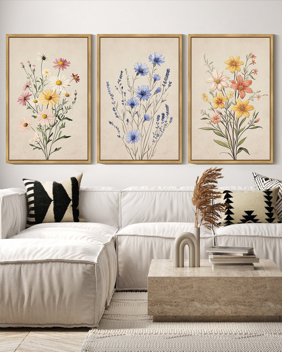Drsoum Flower Wall Decor 16x24in3pcs Natural Framed Colorful Botanical Pictures Art Bathroom Home Office