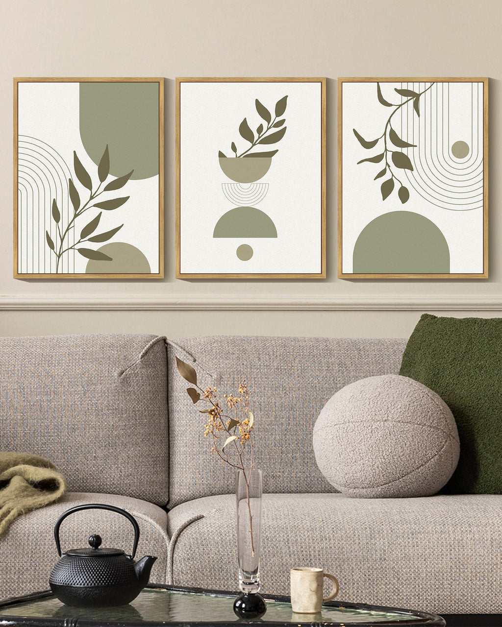 Drsoum Green Botanical Boho Wall Art Modern Boho Decor Abstract Geometry Lines Prints 11x14in3pcs Natural Framed
