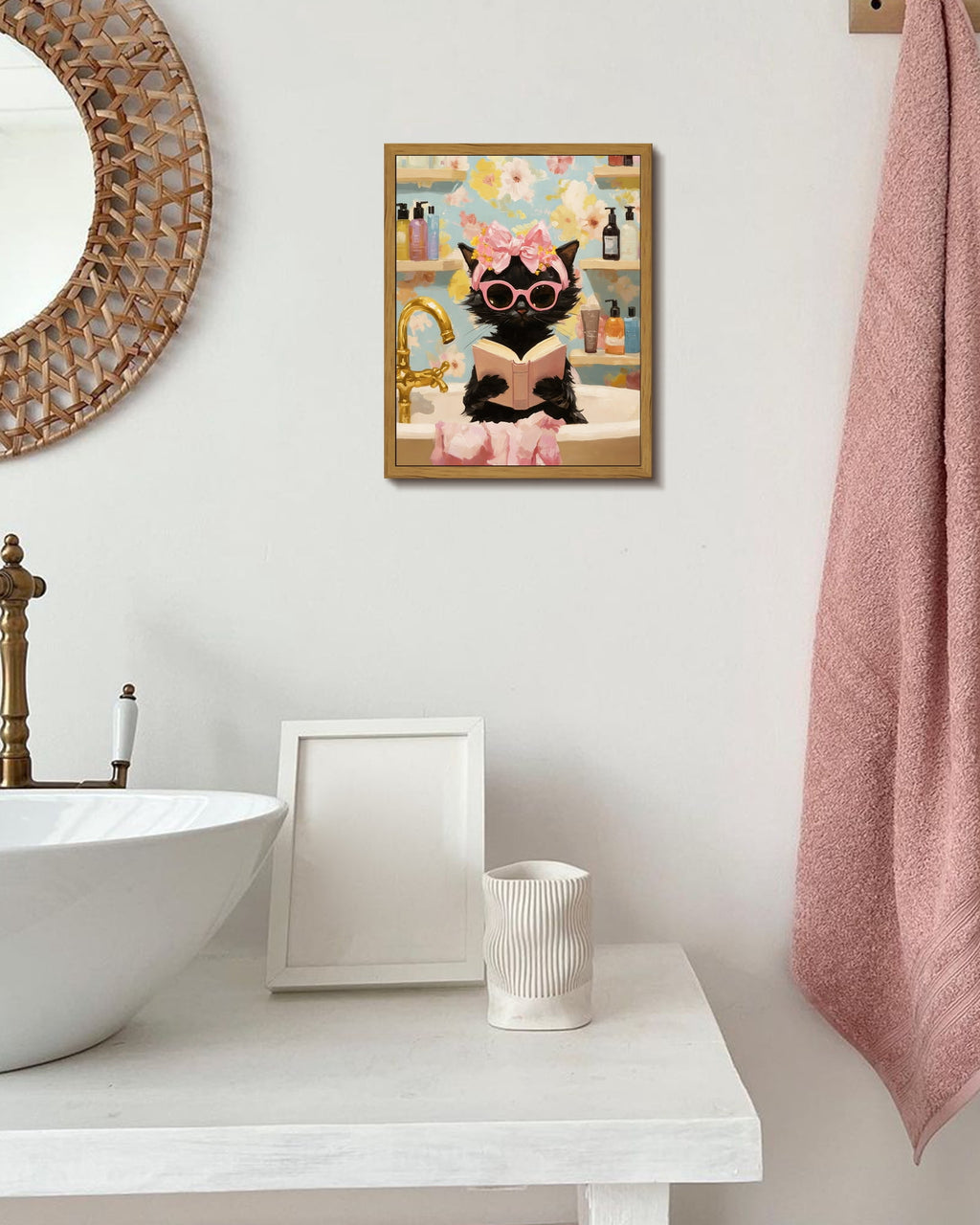 Drsoum Black Cat Canvas Wall Art Pink Fashion Bubble Bath Wall Decor Paintings Cute Animal Poster Prints Rustic Aesthetic Home Decor for Bathroom 8x10in Brown Framed