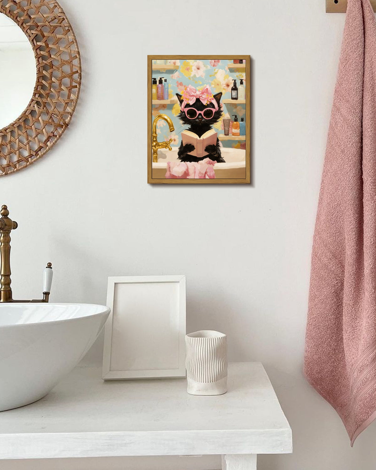 Drsoum Black Cat Canvas Wall Art Pink Fashion Bubble Bath Wall Decor Paintings Cute Animal Poster Prints Rustic Aesthetic Home Decor for Bathroom 8x10in Brown Framed