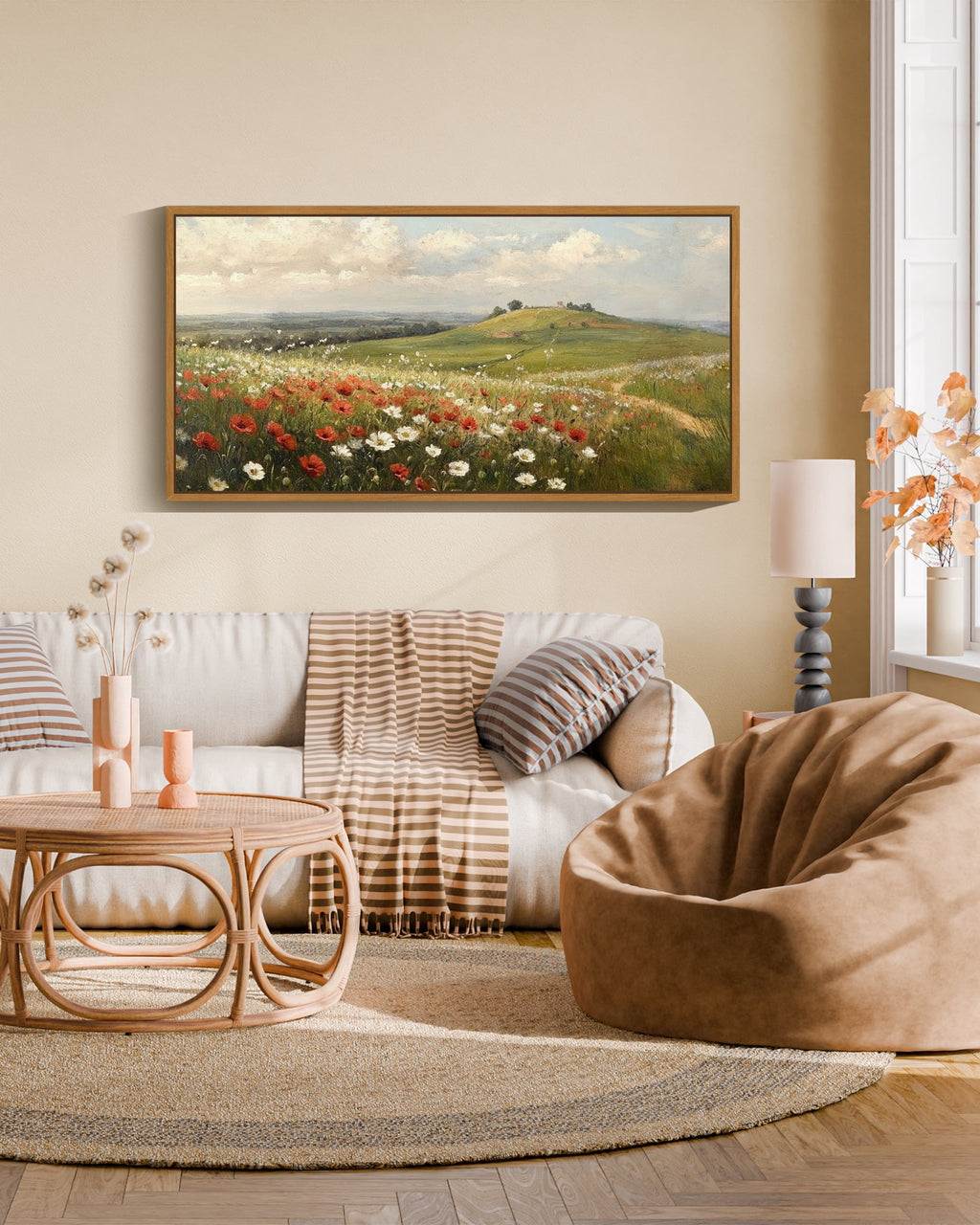Drsoum 20x40in Natural Framed Landscape Rural wildflowers Wall Art Classic Retro rustic Wall Prints Farmhouse Kitchen Bathroom Office Decor