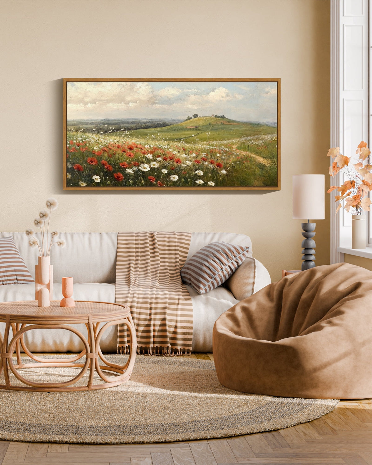 Drsoum 20x40in Natural Framed Landscape Rural wildflowers Wall Art Classic Retro rustic Wall Prints Farmhouse Kitchen Bathroom Office Decor