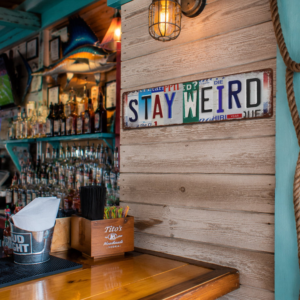 Drsoum Stay Weird Metal Tin Sign 4x16 Inch Boho Room Decor