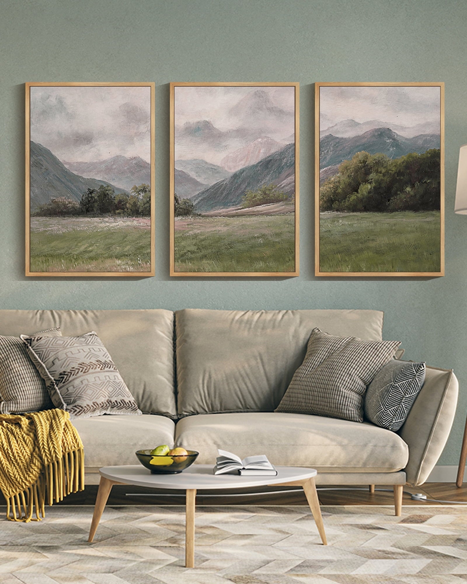 Drsoum Vintage Landscape 24x36in3pcs Brown Framed Wall Art Mountain Range Retro Classic Farmhouse Paints Rustic