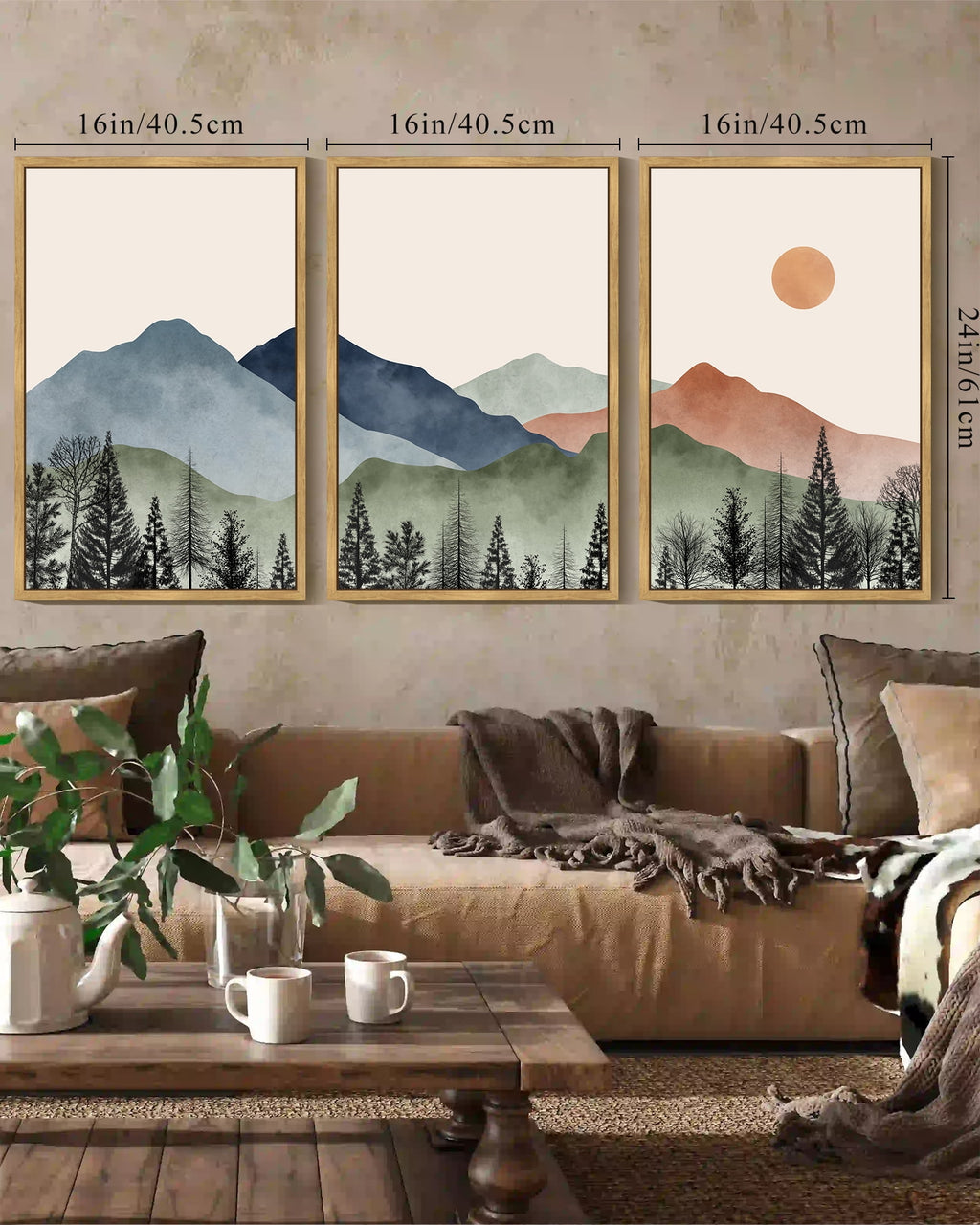 Drsoum Mountain Wall Art 16x24in3pcs Brown Framed Classic Retro Floral Wall Prints Farmhouse Kitchen Hallway Bedroom Decor