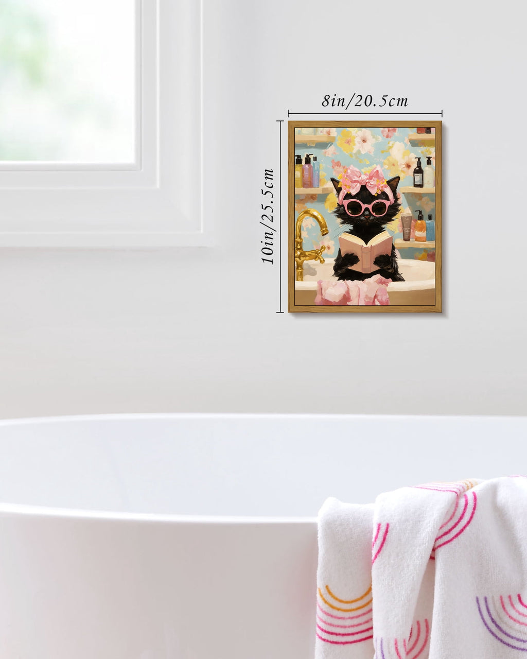 Drsoum Black Cat Canvas Wall Art Pink Fashion Bubble Bath Wall Decor Paintings Cute Animal Poster Prints Rustic Aesthetic Home Decor for Bathroom 8x10in Brown Framed