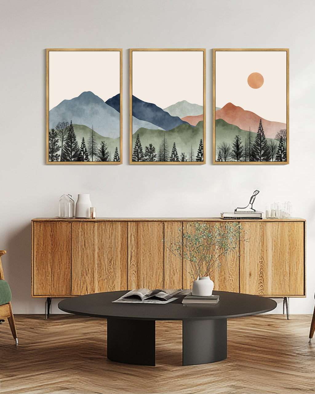 Drsoum Large 24x36in3pcs Natural Framed Mountain Wall Art Classic Retro Floral Wall Prints Farmhouse Kitchen Hallway Bedroom Decor