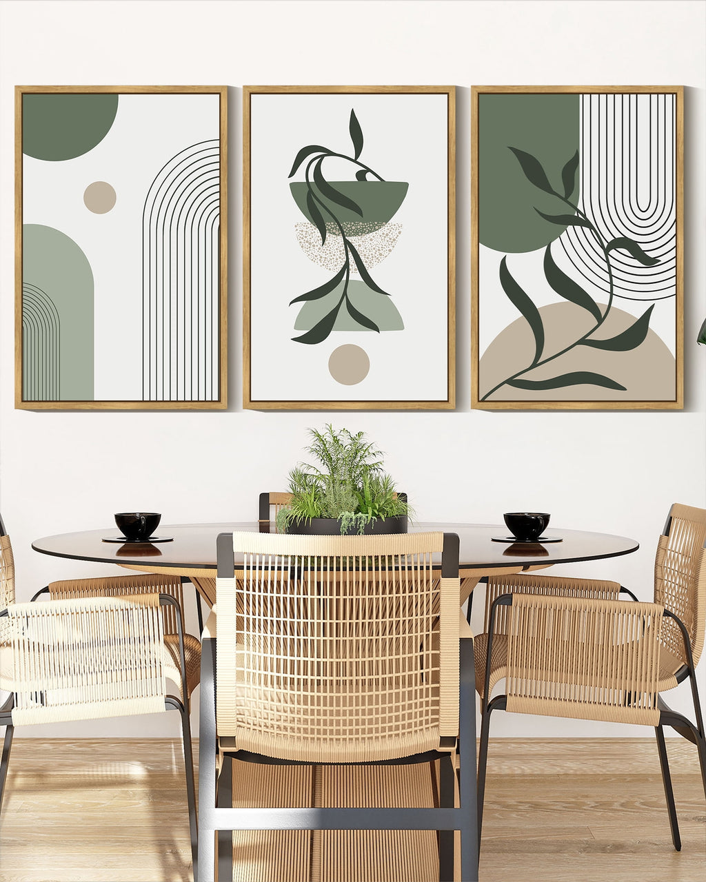 Drsoum Boho Wall Art 16x24in3pcs Natural Framed Green Modern Bohemia Abstract Geometry Prints for Bedroom