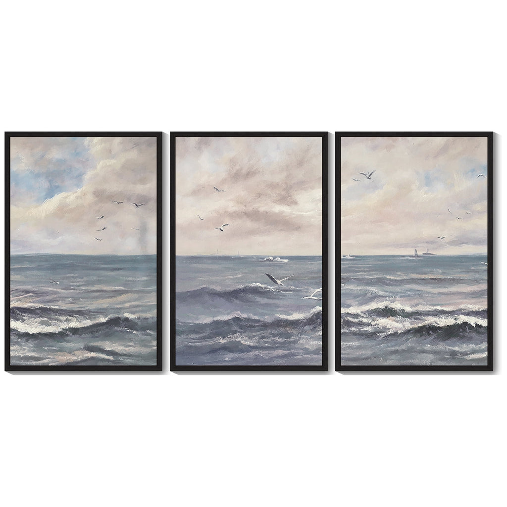 Drsoum Vintage Sea Landscape 16x24in3pcs Black Framed Wall Art Ocean Retro Classic Farmhouse Paints Rustic