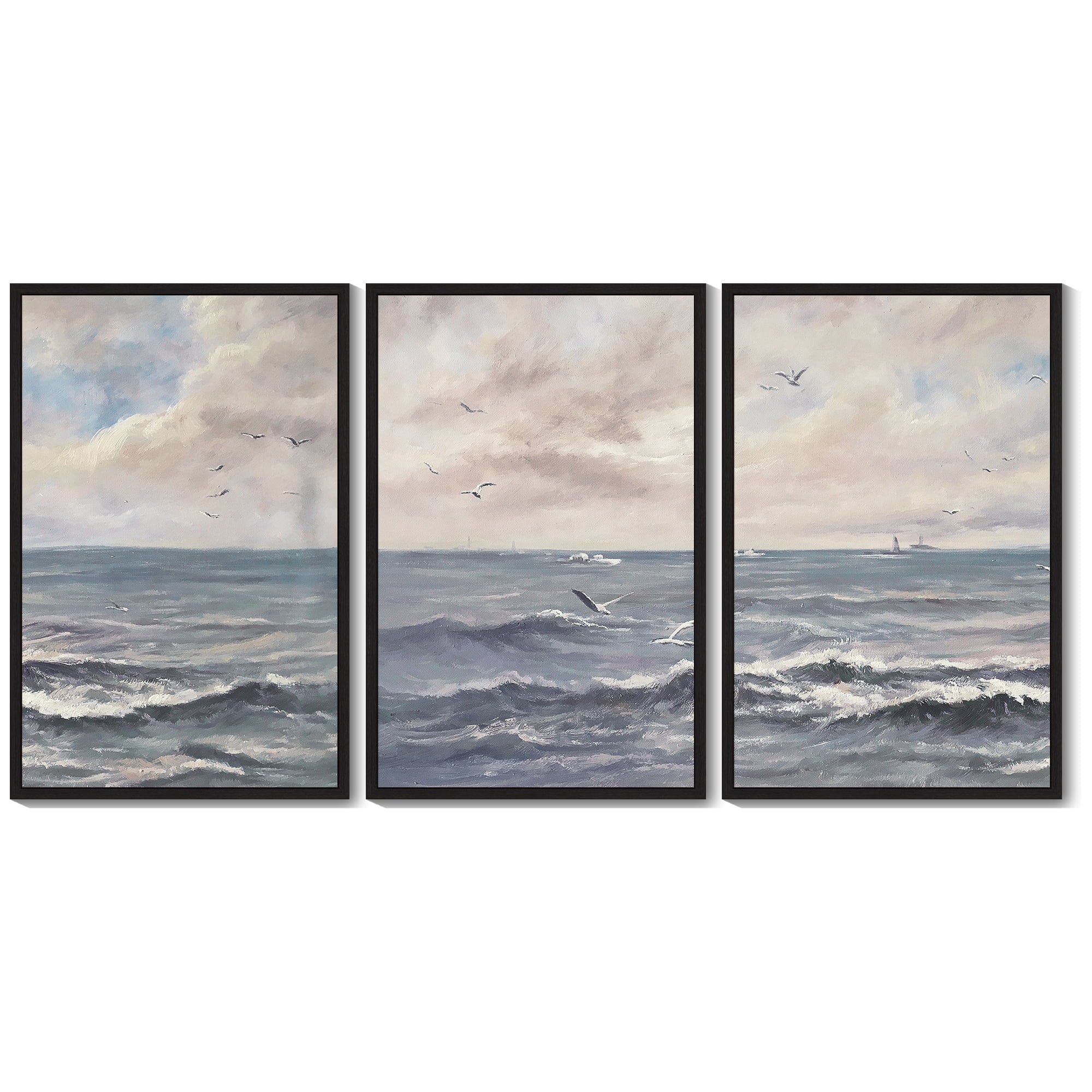 Drsoum Vintage Sea Landscape 16x24in3pcs Black Framed Wall Art Ocean Retro Classic Farmhouse Paints Rustic