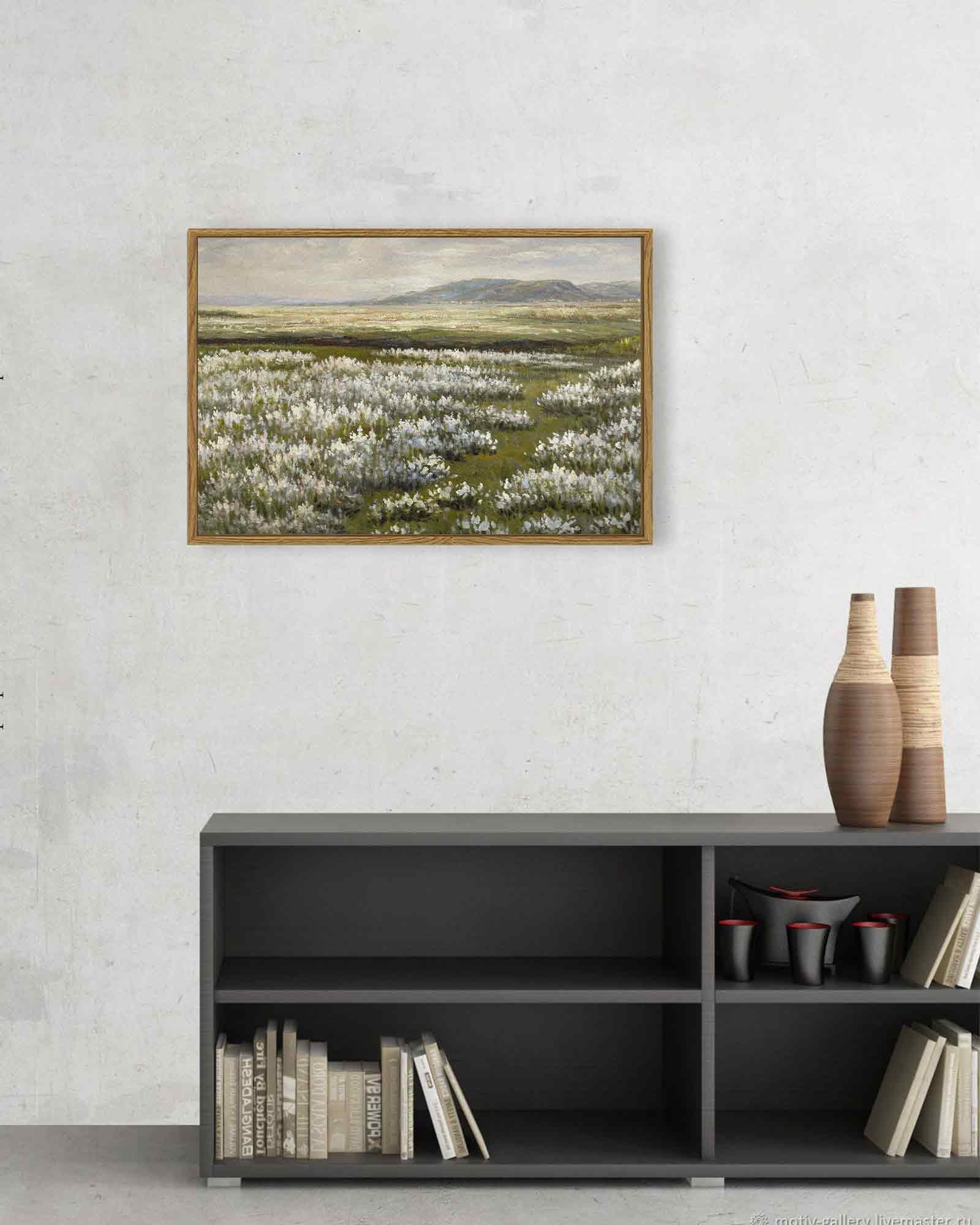 Drsoum 16x24in Landscape Artwork Wall Art Prairie in Full Bloom Prints Farmhouse Hallway Dining Room Office Decor - Natural Framed