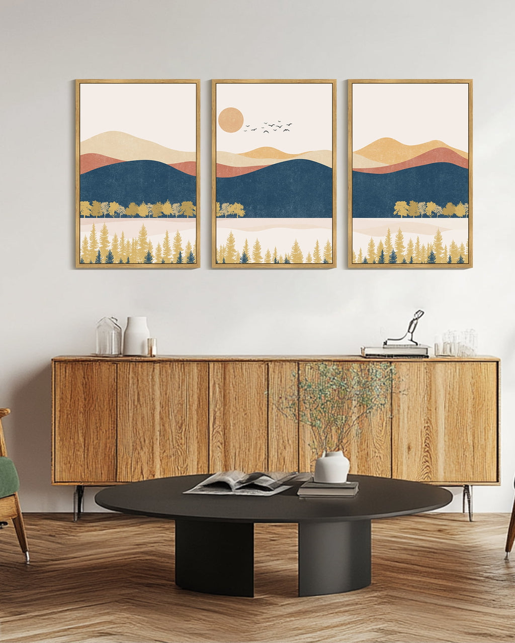 Drsoum Large 24x36in3pcs Natural Framed Landscape Mountain Wall Art Set Lake Sunrise Pine Tree Forest Art for Living Room Bedroom