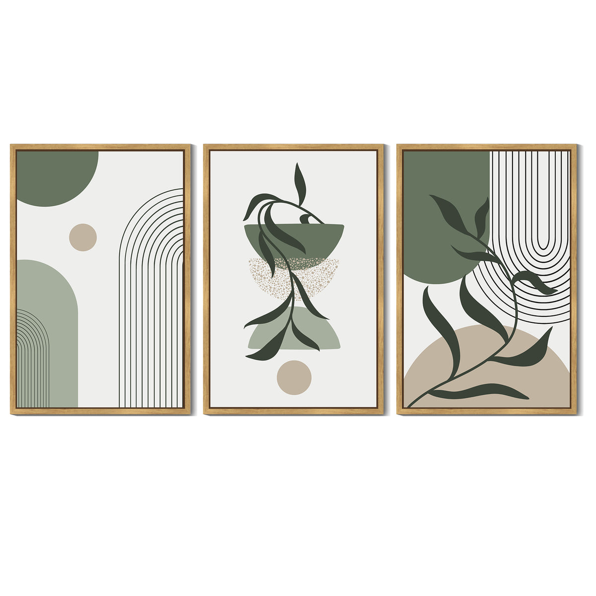 Drsoum Large 24x36in3pcs Natural Framed Boho Wall Art Green Modern Bohemia Wall Decor Abstract Geometry Prints for Bedroom
