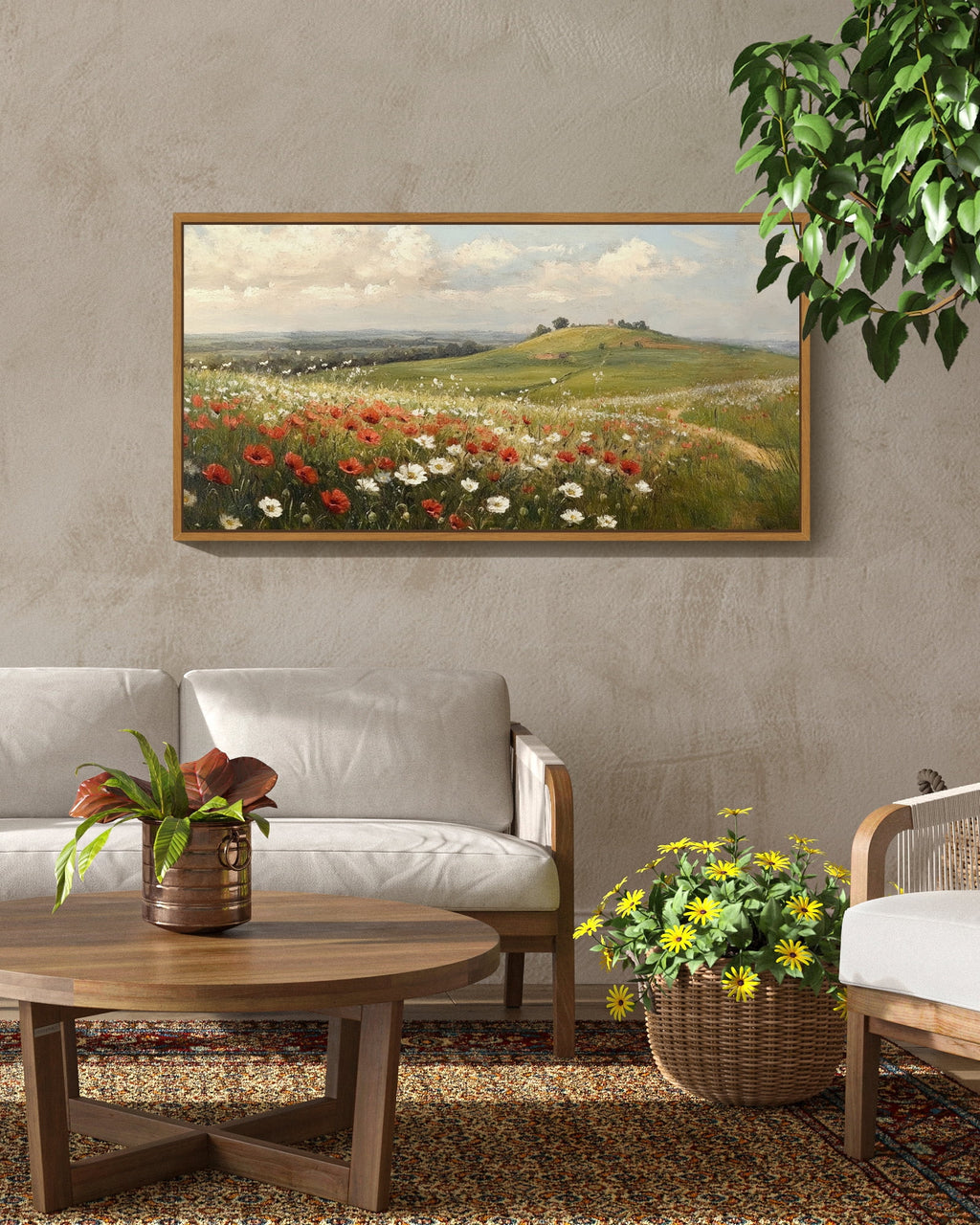 Drsoum 20x40in Natural Framed Landscape Rural wildflowers Wall Art Classic Retro rustic Wall Prints Farmhouse Kitchen Bathroom Office Decor