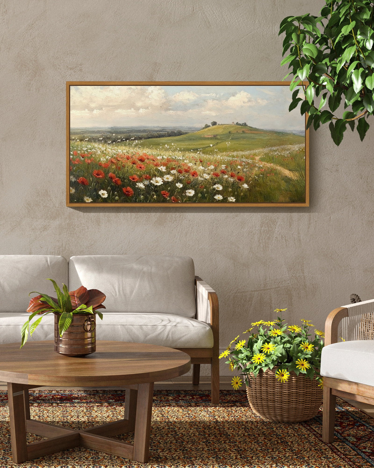 Drsoum 20x40in Natural Framed Landscape Rural wildflowers Wall Art Classic Retro rustic Wall Prints Farmhouse Kitchen Bathroom Office Decor
