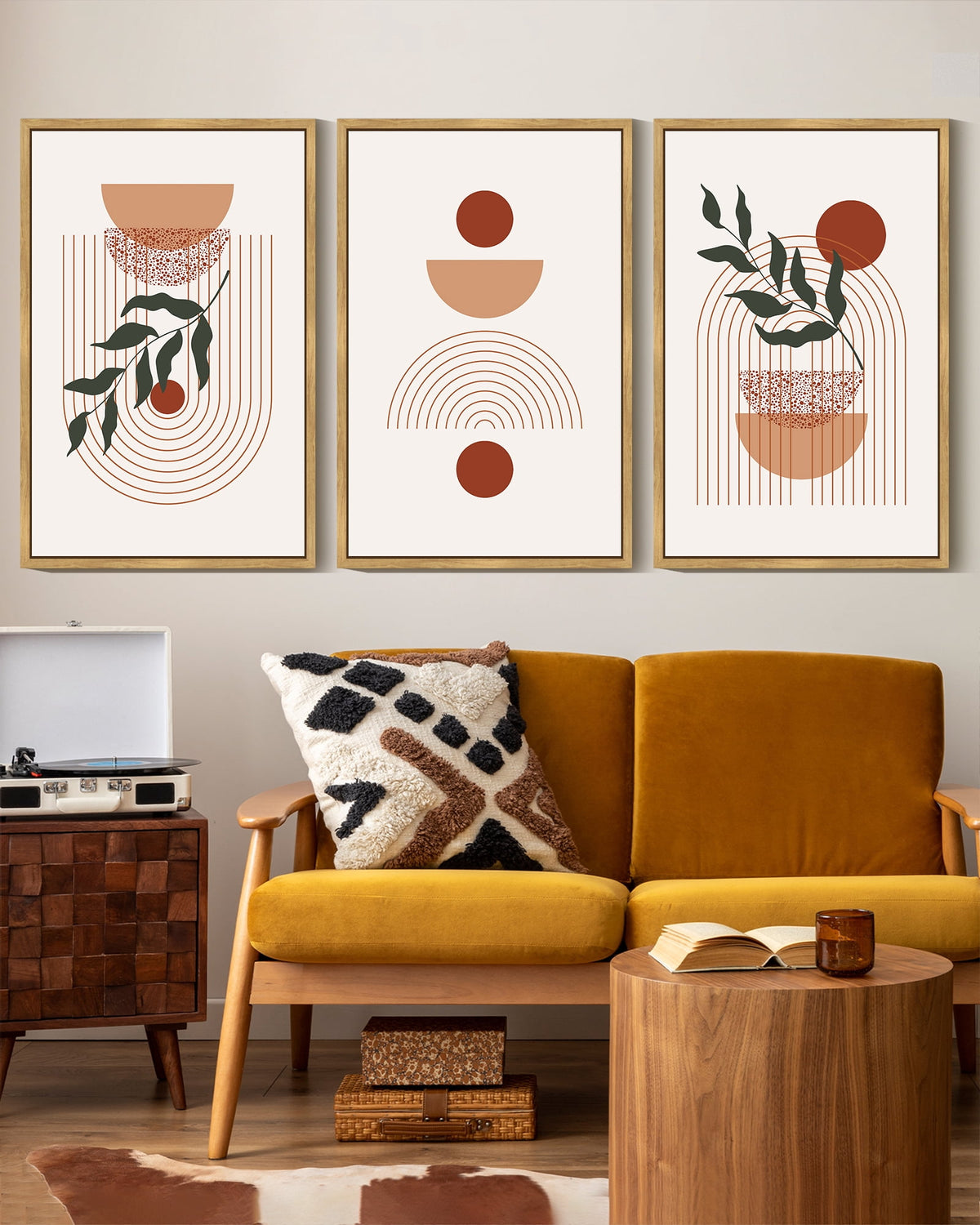 Drsoum Boho Wall Art 16x24in3pcs Natural Framed Decor Mid Century Modern Abstract Prints Posters Bedroom