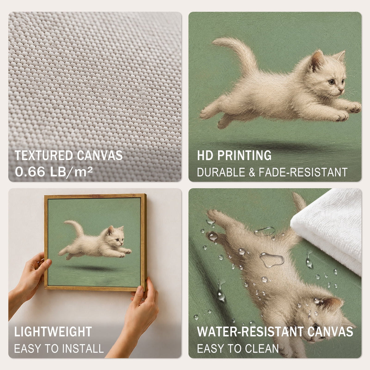 Drsoum Running White Cat Wall Art Framed Canvas Print 8x10 Inch