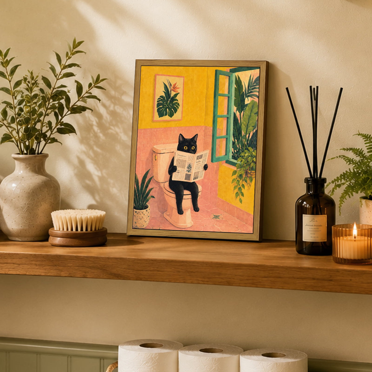 Drsoum Funny Black Cat Wall Art Retro Canvas Print for Bathroom Decor