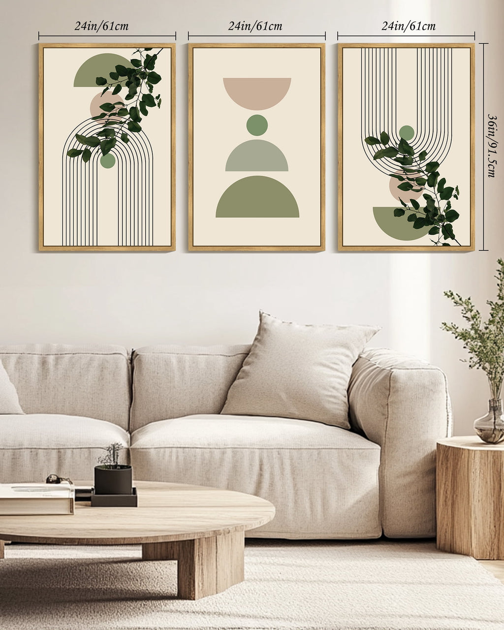 Drsoum Large 24x36in3pcs Natural Framed Bohemia Modern Prints with Green Leaf Wall Art Bedroom Living Room Decor