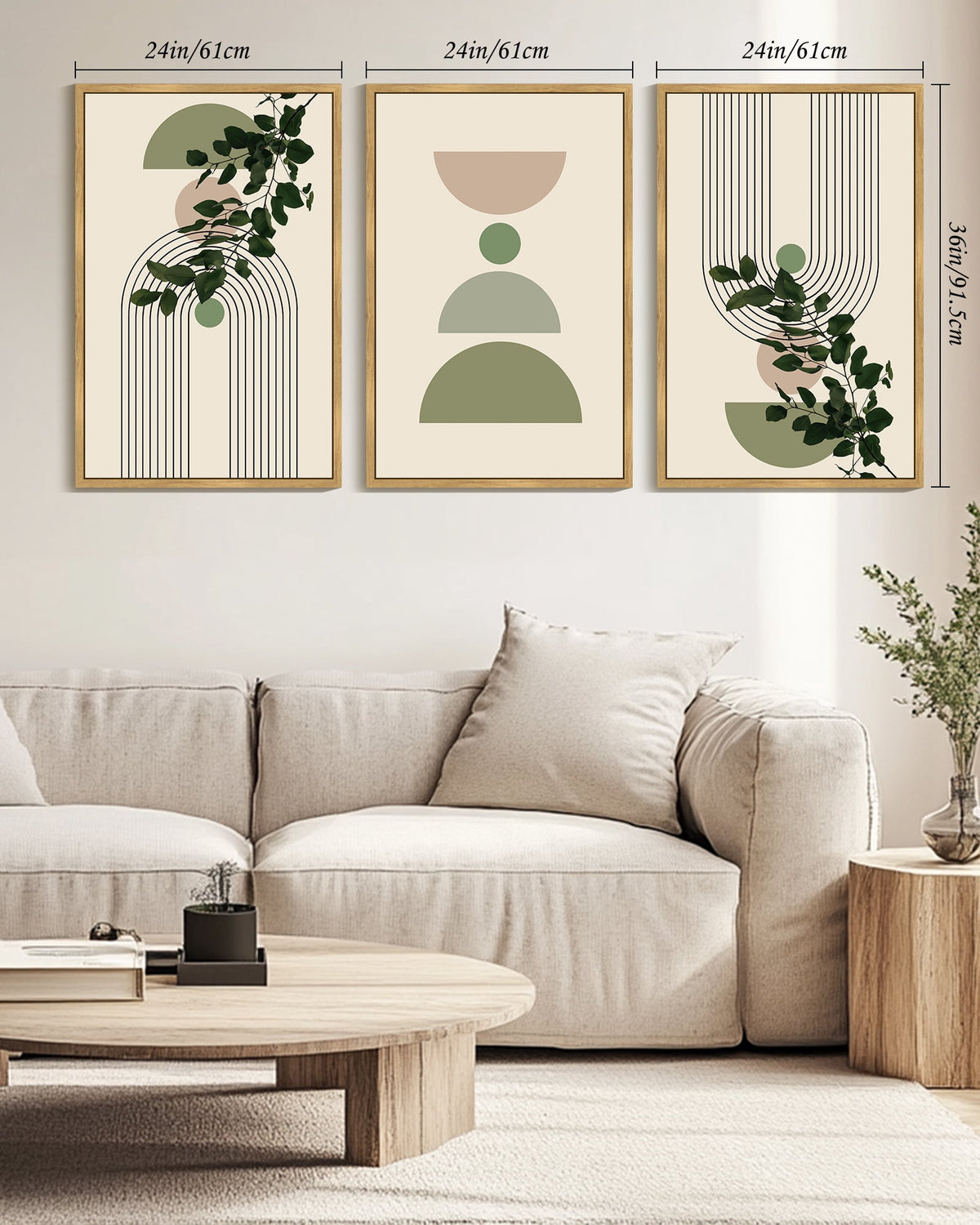 Drsoum Large 24x36in3pcs Natural Framed Bohemia Modern Prints with Green Leaf Wall Art Bedroom Living Room Decor