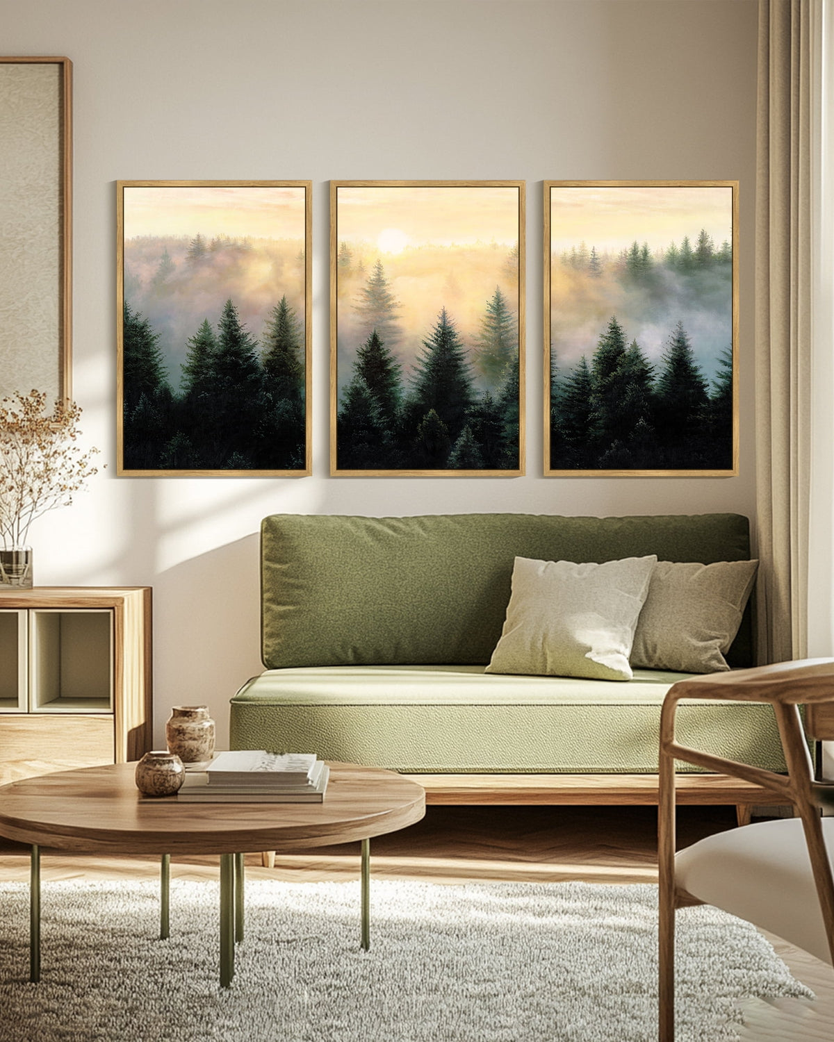 Drsoum Large 24x36in3pcs Natural Framed Fog Pine Green Tree Forest Art Nordic Modern Mountain work Prints Decor