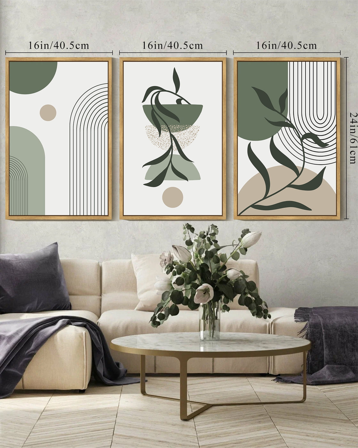 Drsoum Boho Wall Art 16x24in3pcs Natural Framed Green Modern Bohemia Abstract Geometry Prints for Bedroom