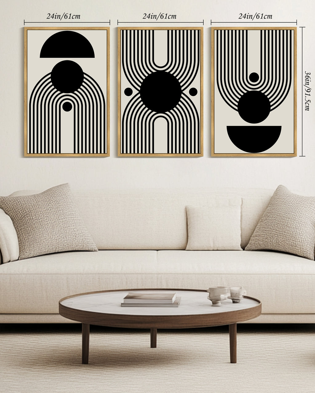 Drsoum Large 24x36in3pcs Natural Framed Black and White Abstract Wall Art Minimal Shapes Illustrations Modern Decor Ready To Hang