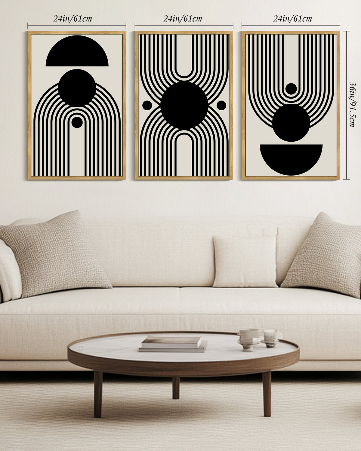 Drsoum Large 24x36in3pcs Natural Framed Black and White Abstract Wall Art Minimal Shapes Illustrations Modern Decor Ready To Hang