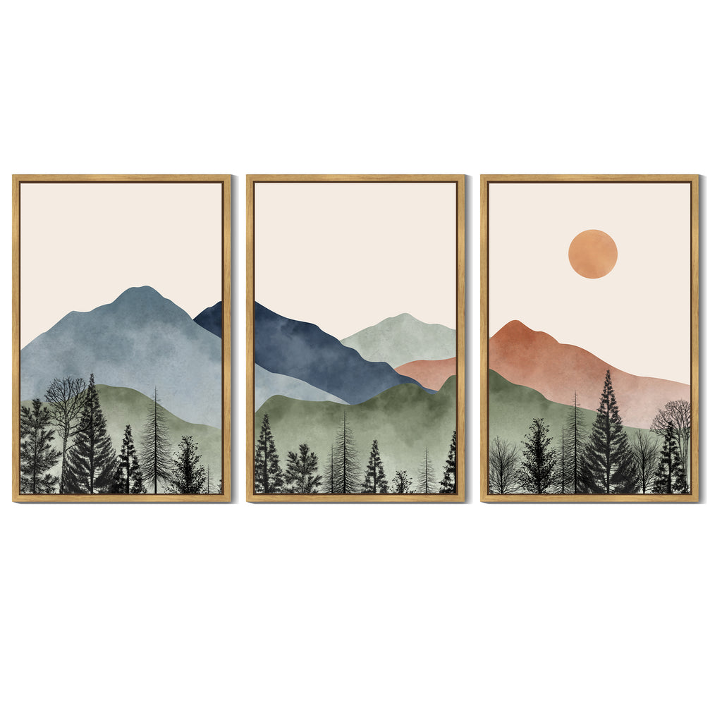 Drsoum Large 24x36in3pcs Natural Framed Mountain Wall Art Classic Retro Floral Wall Prints Farmhouse Kitchen Hallway Bedroom Decor