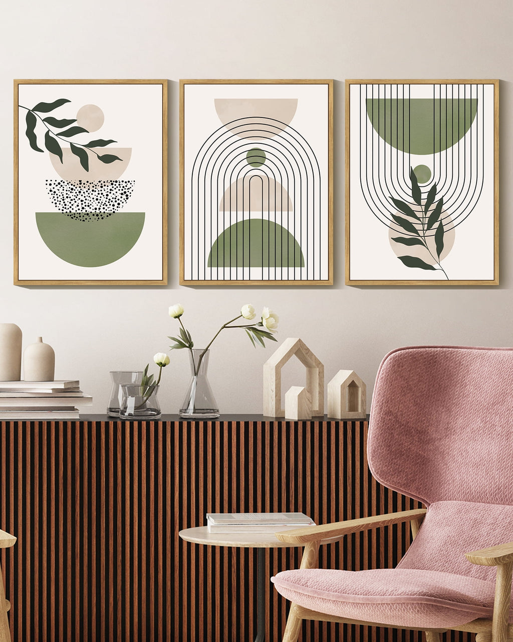 Drsoum Bohemia Art Modern Prints Framed Bohemain Printing Abstract with Leaf & Sun Lines Decor 11x14in3pcs Natural