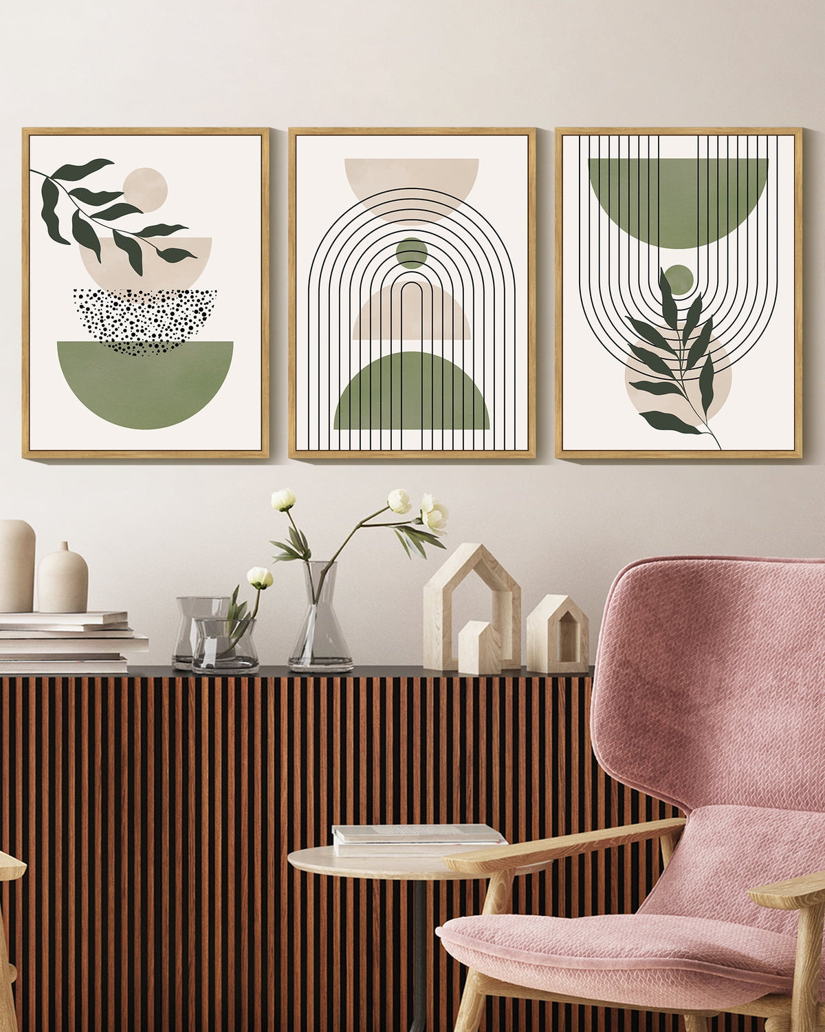 Drsoum Bohemia Art Modern Prints Framed Bohemain Printing Abstract with Leaf & Sun Lines Decor 11x14in3pcs Natural