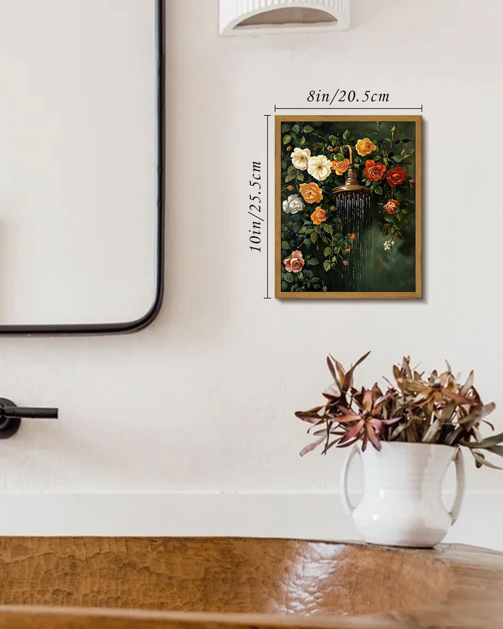 Drsoum Floating Floral Shower Wall Art Vintage Botanical Flower Canvas Print Romantic Garden Roses and Waterfall Painting Nature Inspired Bathroom Living Room 8x10in Brown Framed
