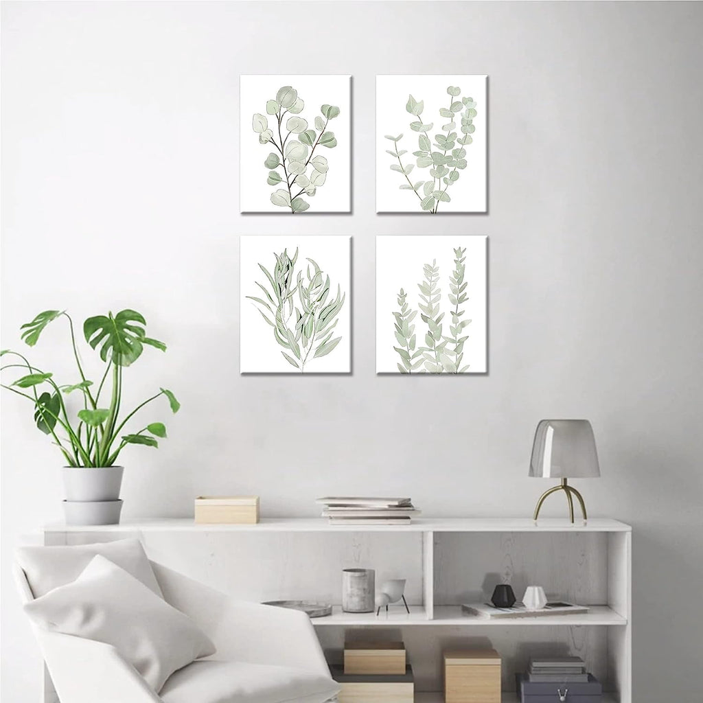 Drsoum Botanical Eucalyptus Light Green Boho Plant Canvas Framed Wall Art Decor 8"x 10" Set of 4