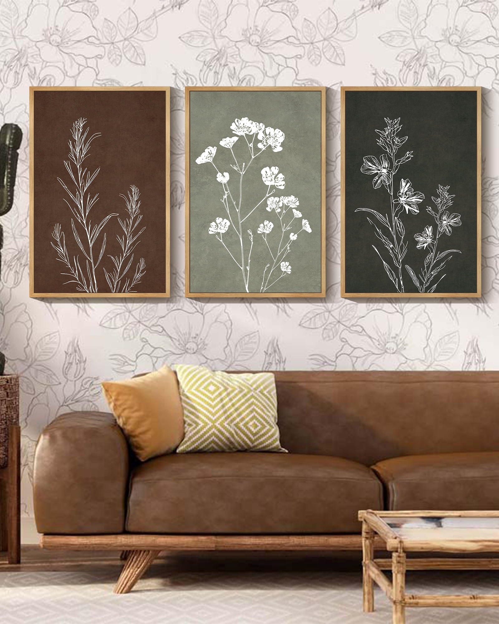 Drsoum Flower Wall Art 24x36in3pcs Large Natural Framed Vintage Floral Minimalist Wall Hanging Decor Farmhouse Living Room Bedroom Home Decor
