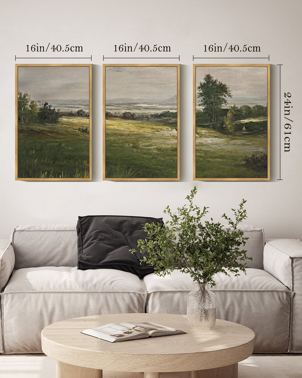 Vintage Landscape Framed Wall Art 16x24in3pcs Large The Vast Grassland Retro Classic Paints Rustic Farmhouse Living Room Bedroom Natural Framed