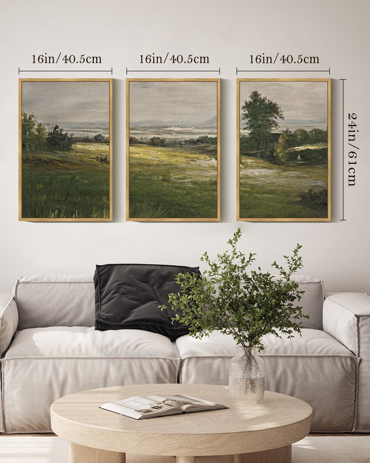 Vintage Landscape Framed Wall Art 16x24in3pcs Large The Vast Grassland Retro Classic Paints Rustic Farmhouse Living Room Bedroom Natural Framed