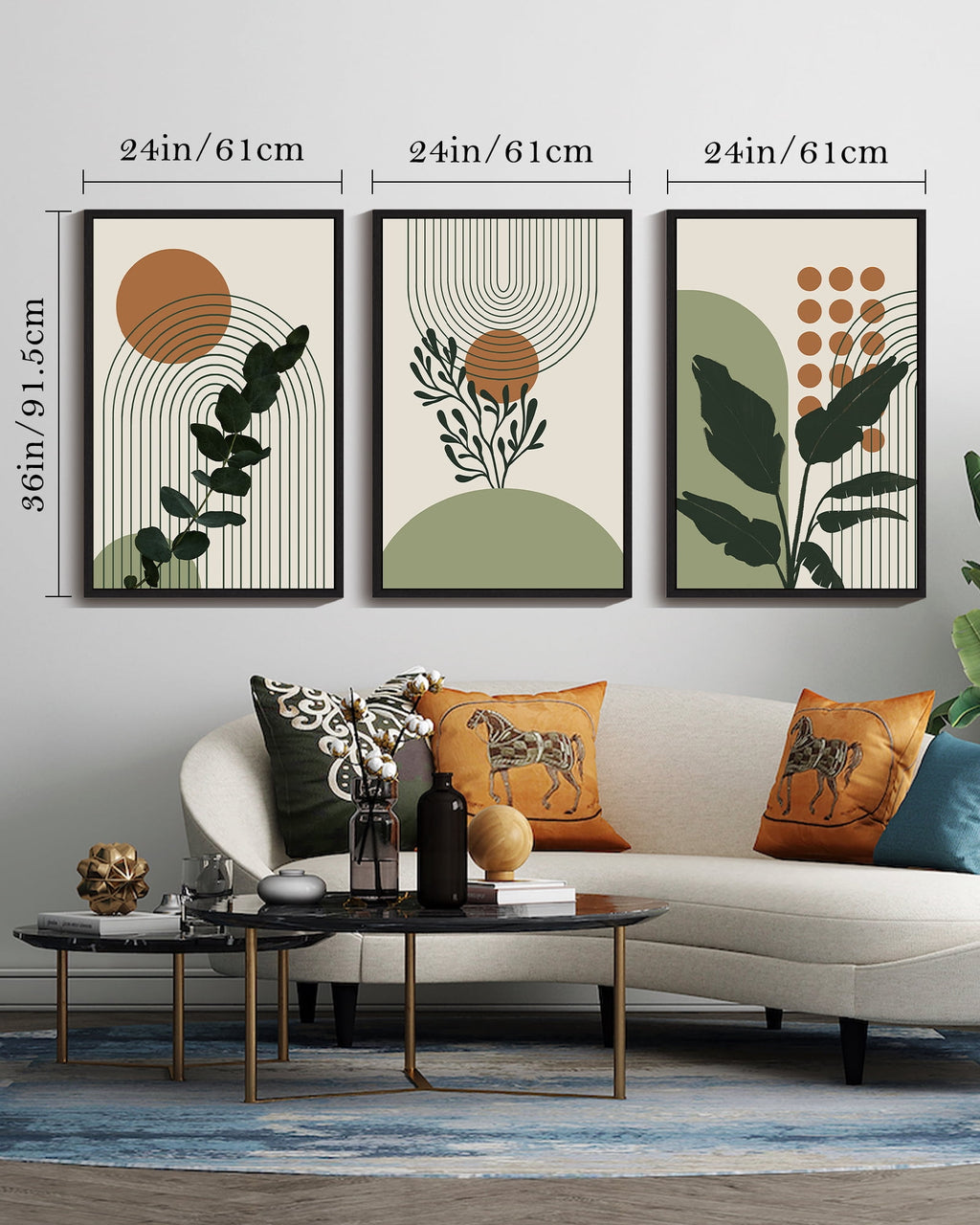 Drsoum Boho Plant Wall Art 24x36in3pcs Black Framed Bohemain Wall Printing Abstract Canvas Prints with Leaf & Sun Lines Bedroom Living Room Decor ﻿ ﻿
