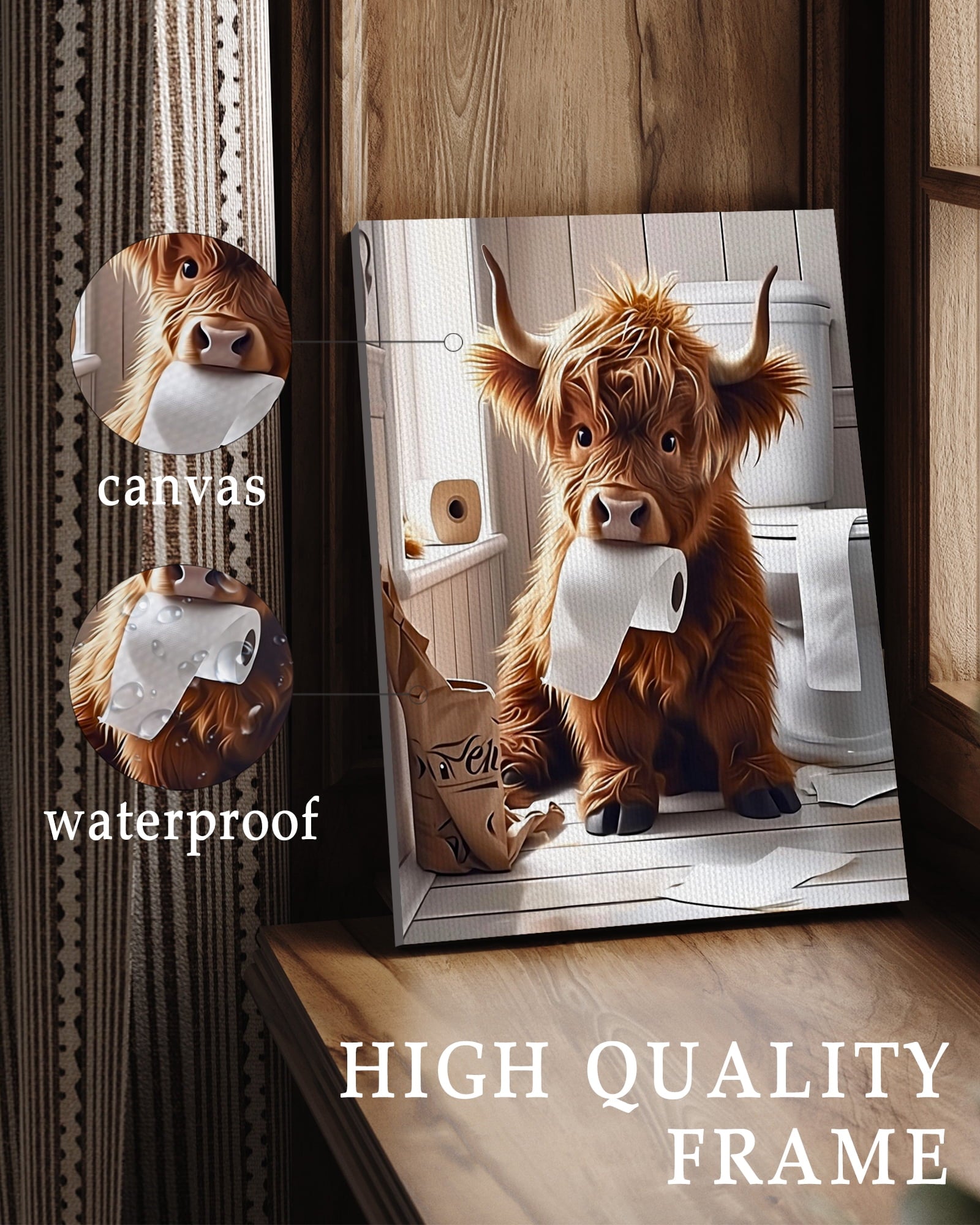 Drsoum Funny Highland Cow Bathroom Wall Art Rustic Cute Bathroom Canvas Prints for Bathroom Restroom Decor 8x10in4pcs Natural Framed