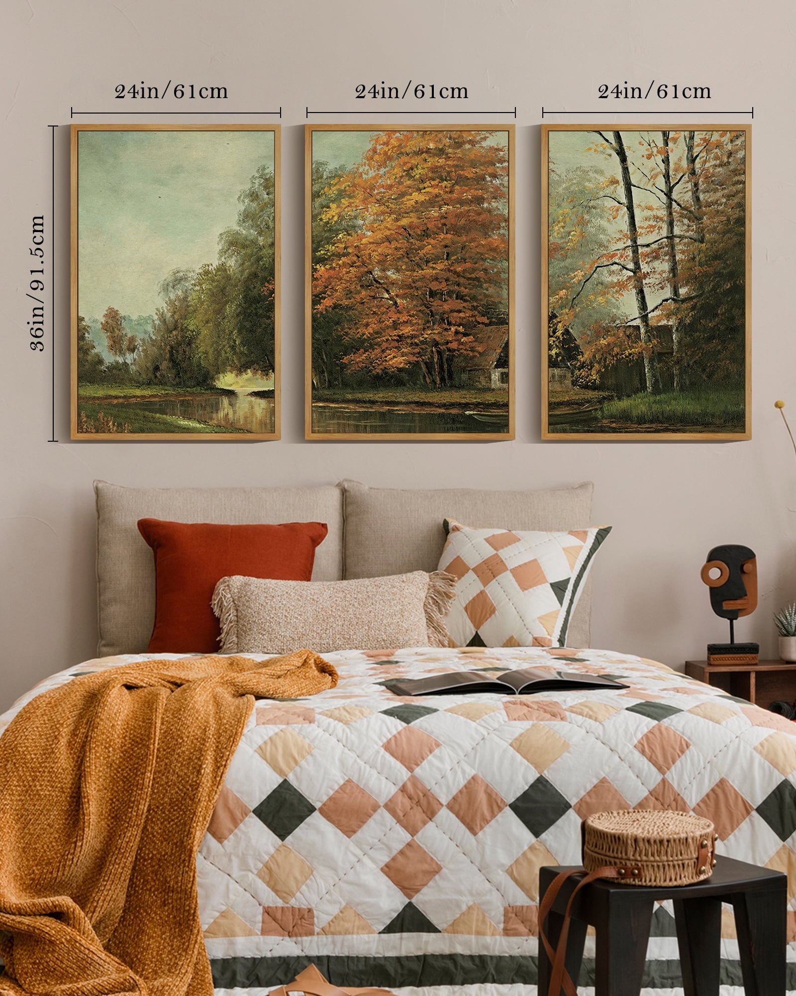 Countryside River Vintage Landscape Framed Wall Art 16x24in3pcs Large Retro Classic Farmhouse Paints Rustic Living Room Bedroom Natural Framed