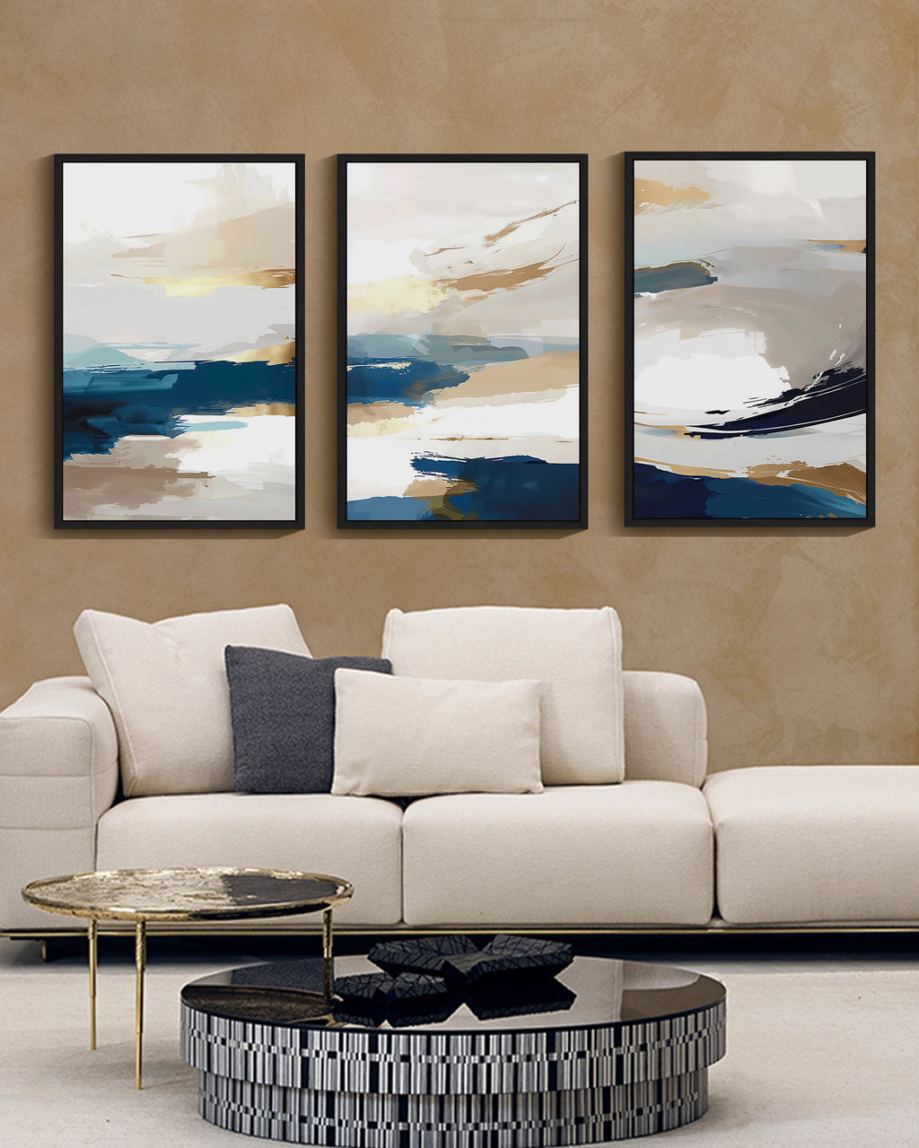 Drsoum Large Blue Abstract Wall Art 24x36in3pcs Black Framed Modern Minimalist Painting Decor Graffiti Artwork