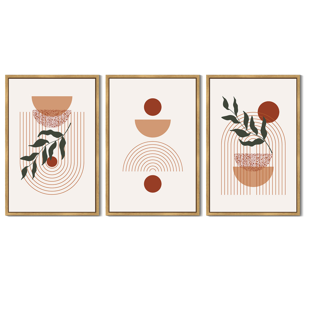 Drsoum Large 24x36in3pcs Natural Framed Boho Wall Decor Leaf Bohemia Decor Modern Abstract Geometry Painting for Kitchen Hallway