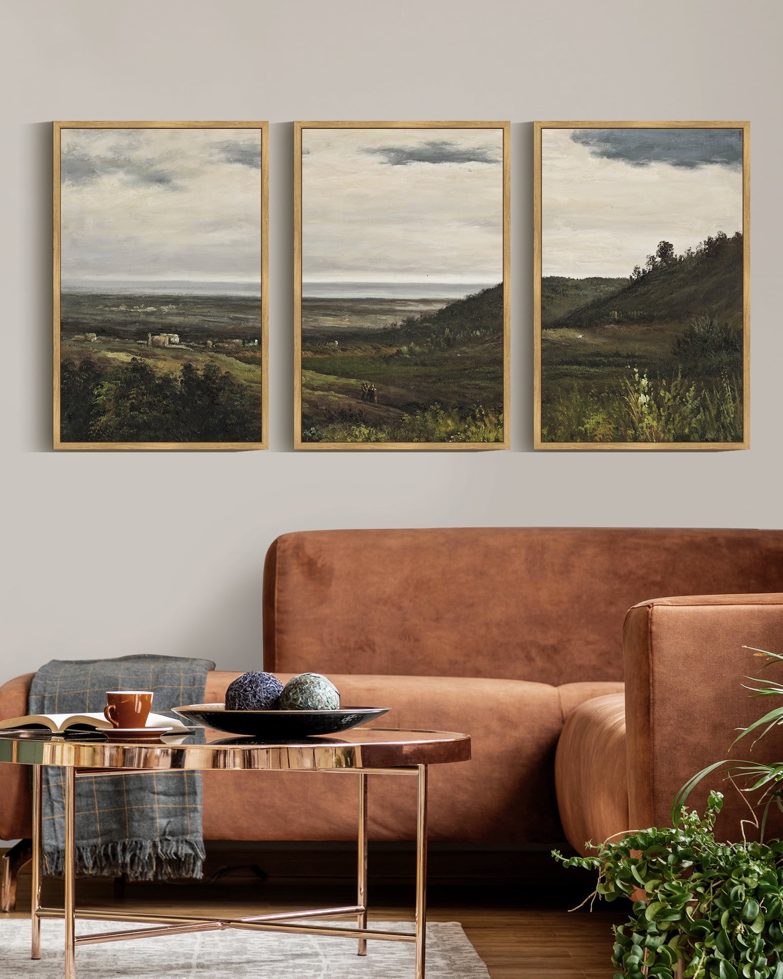 Drsoum Vintage 16x24in3pcs Brown Framed Landscape Wall Art Wilderness Mountain Retro Classic Farmhouse Paints Rustic