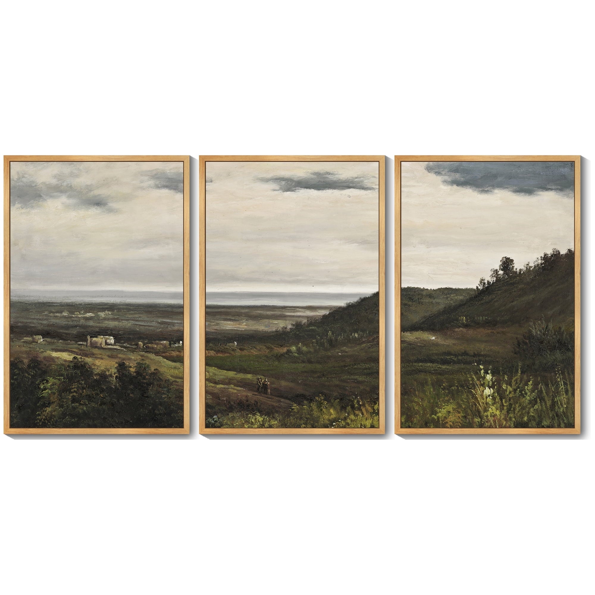 Drsoum Vintage 16x24in3pcs Brown Framed Landscape Wall Art Wilderness Mountain Retro Classic Farmhouse Paints Rustic