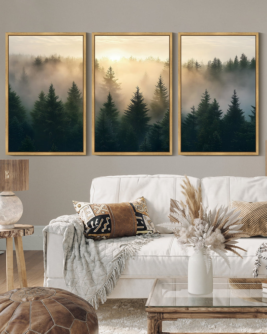 Drsoum Fog Pine Green Tree Forest Art 16x24in3pcs Natural Framed Nordic Modern Mountain Artwork Prints Decor