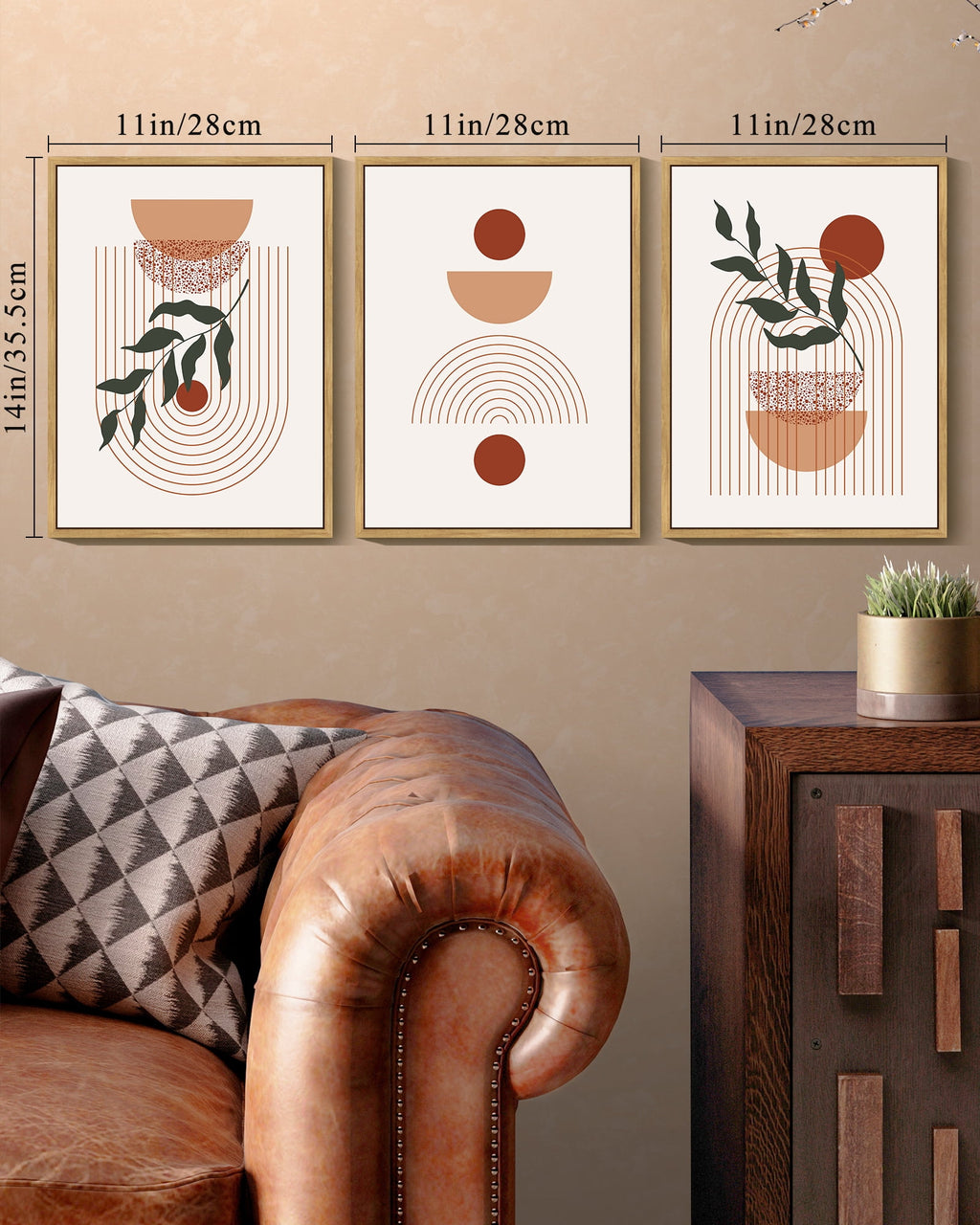 Drsoum Boho Wall Art Decor Mid Century Modern Abstract Prints Posters Bathroom 11x14in3pcs Natural Framed