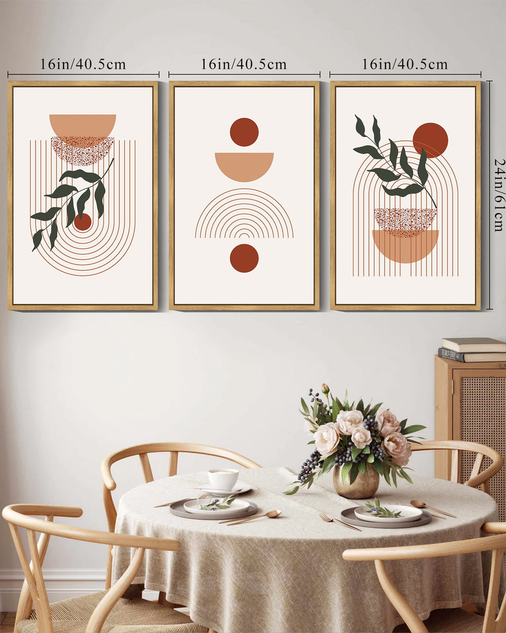Drsoum Boho Wall Art 16x24in3pcs Natural Framed Decor Mid Century Modern Abstract Prints Posters Bedroom