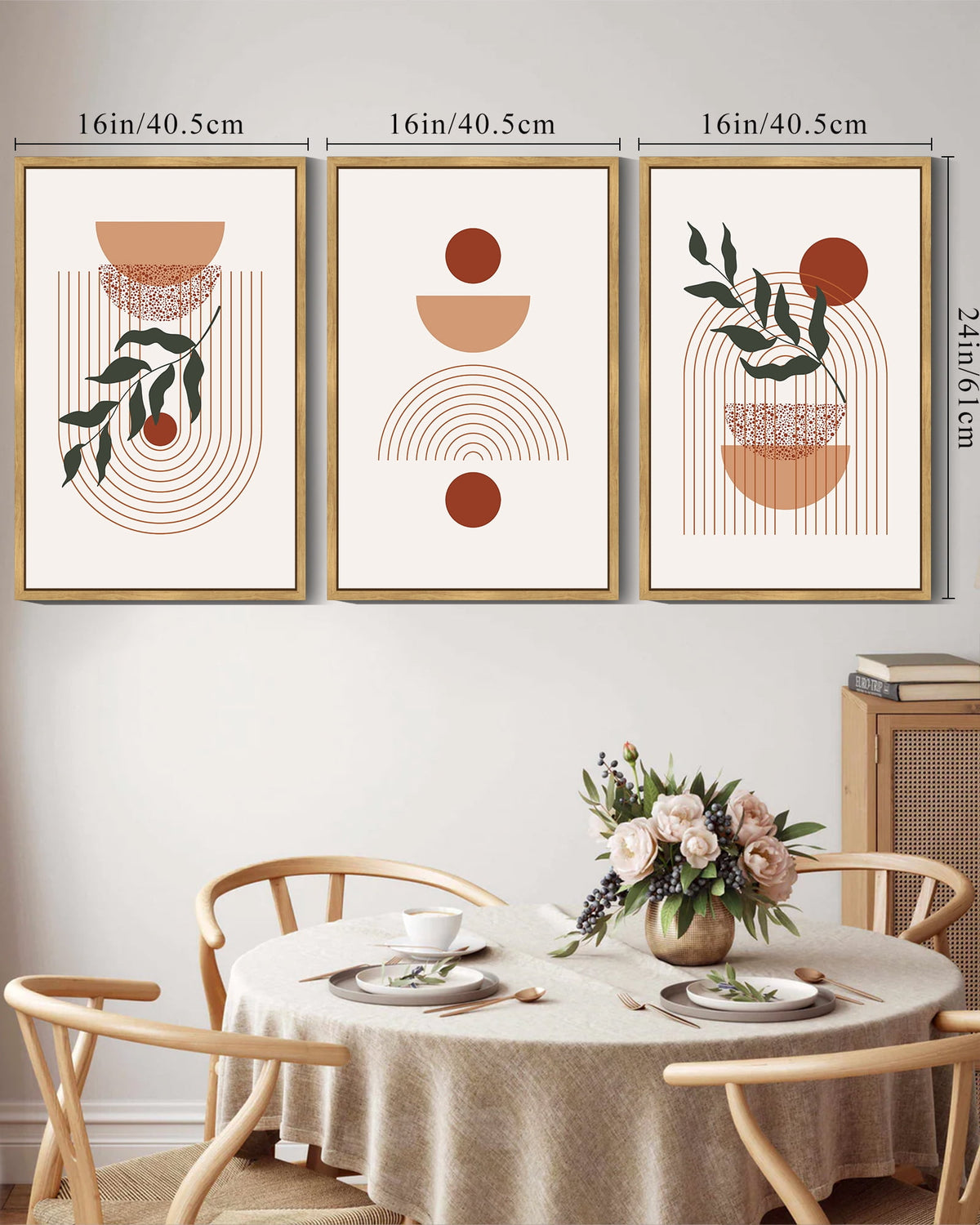 Drsoum Boho Wall Art 16x24in3pcs Natural Framed Decor Mid Century Modern Abstract Prints Posters Bedroom