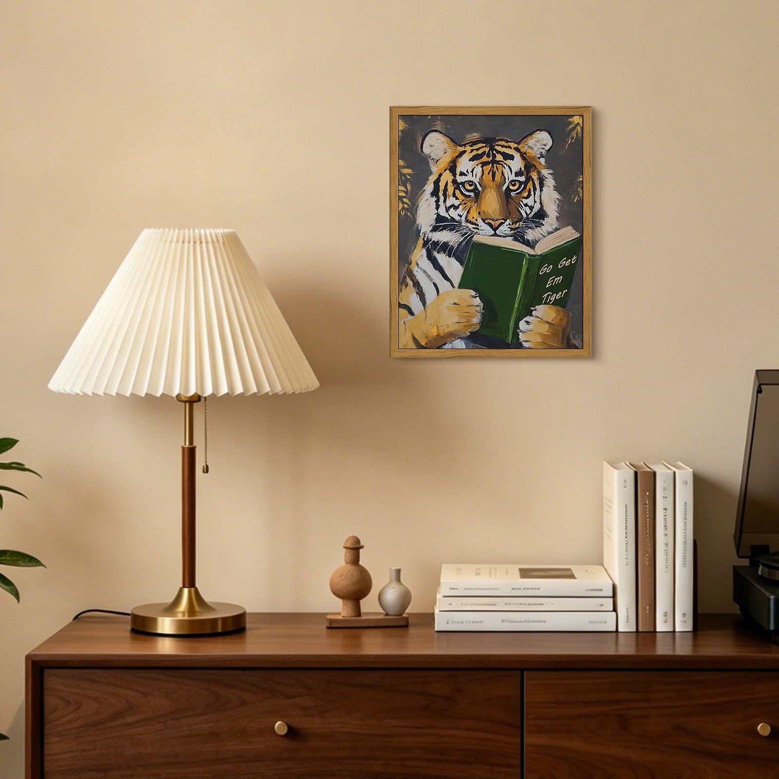 Drsoum Vintage Tiger Reading Book Wall Art Framed Canvas 8x10 In