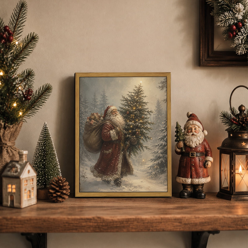 Drsoum Santa Claus With Lighted Tree Wall Art Festive Christmas Decor for Living Room 8x10 Inch Framed Canvas Prints