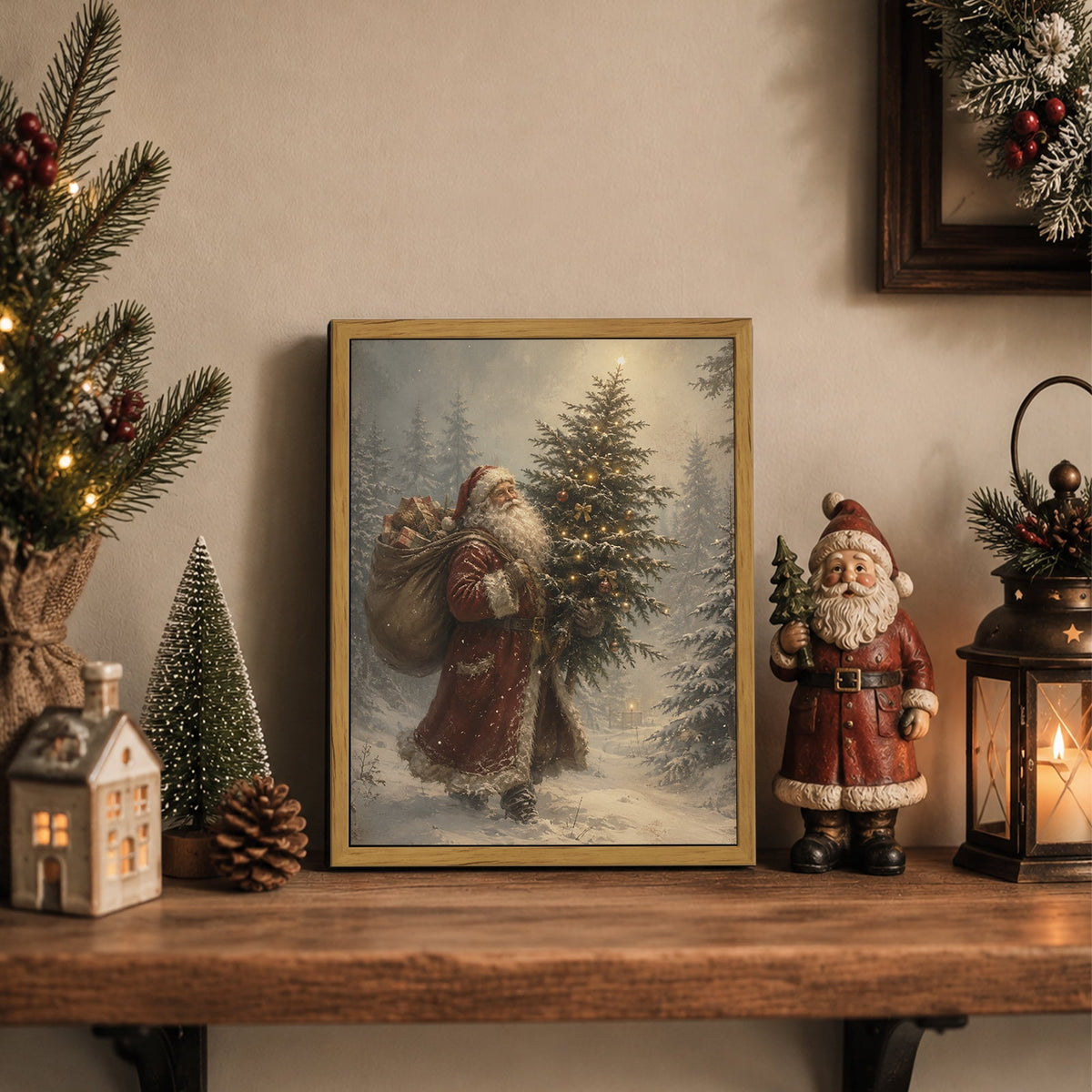 Drsoum Santa Claus With Lighted Tree Wall Art Festive Christmas Decor for Living Room 8x10 Inch Framed Canvas Prints
